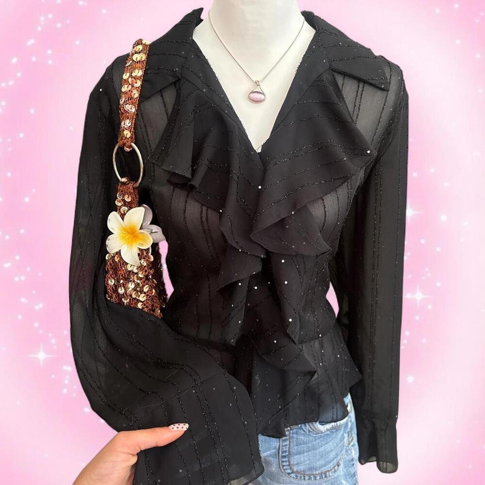 Black Ruffle V-Neck Blouse with Subtle Stripe Detail